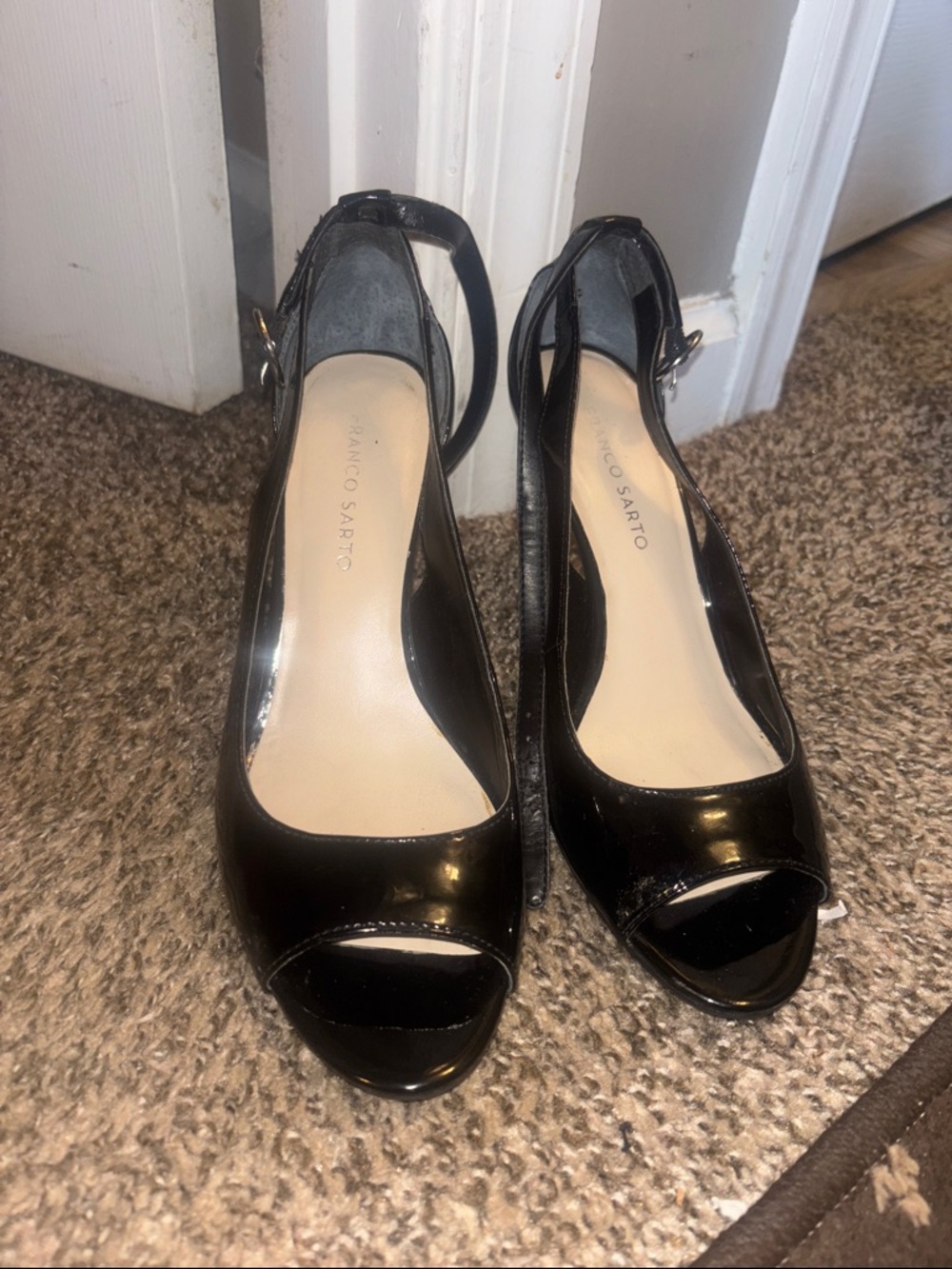 Franco Sarto Black Patent Peep Toe Ankle Strap Pumps